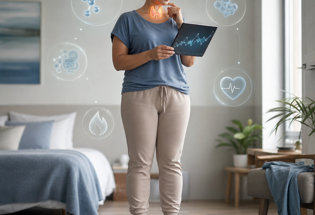 Woman standing on a scale and reviewing health data on a tablet with thyroid and vital-sign icons
