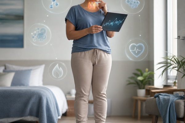 Woman standing on a scale and reviewing health data on a tablet with thyroid and vital-sign icons