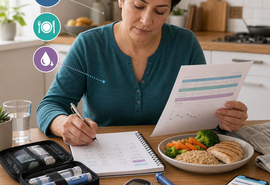 Woman tracking diabetes management, reviewing logs and meal plan at the table