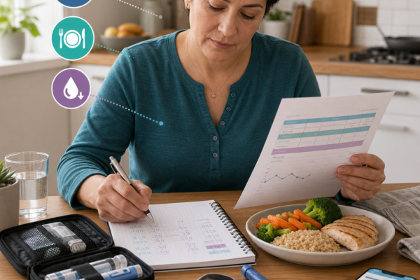 Woman tracking diabetes management, reviewing logs and meal plan at the table