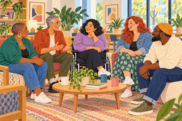 Illustration of five adults of varied ages, body sizes and skin tones, including a wheelchair user, talking in a community room.