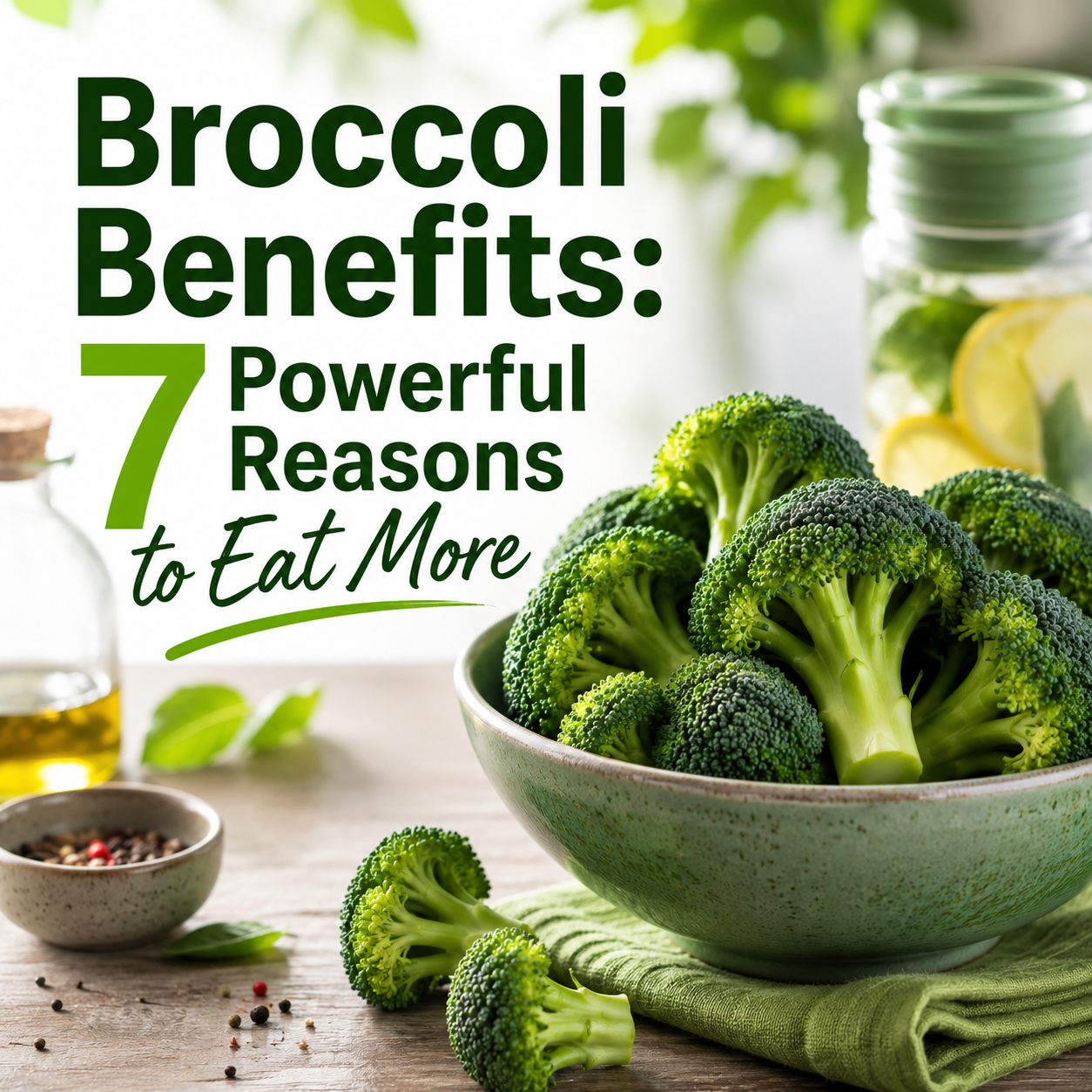 A bowl of broccoli florets beside an article-title graphic about broccoli benefits.
