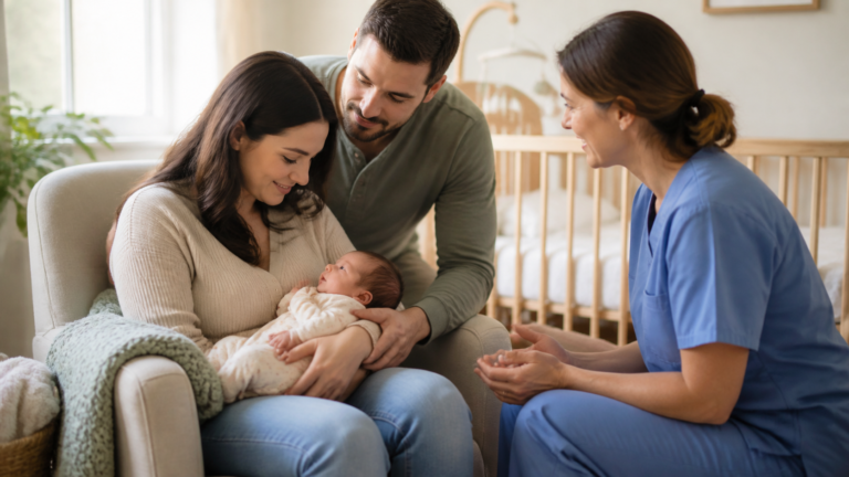 Conceptual illustration of two adults supporting a baby while speaking with an adult in blue scrubs.