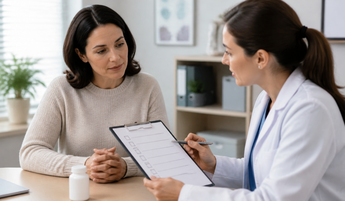 Patient reviewing medication side effects with a clinician