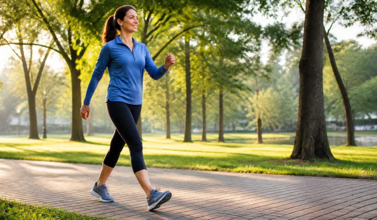 Woman brisk walking on a sunny tree-lined park path