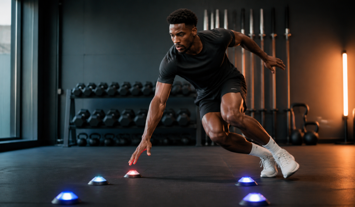 Athlete practicing a reaction time agility drill