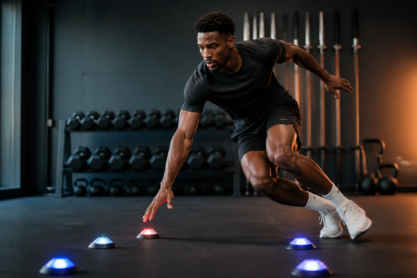 Athlete practicing a reaction time agility drill